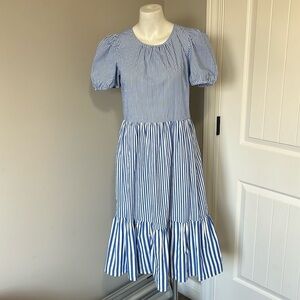 J Crew poplin puff-sleeve tiered midi dress Cotton blend blue white Sz 2 NEW